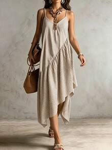 SHEIN Fiorisel Women's White Summer Boho Beach Vacation Holiday,Regular Spaghetti Strap Tube Top Dress,Bubble Striped Asymmetric Hem Mid-Length Ruched A-Line Dress - Multicolor - View 2