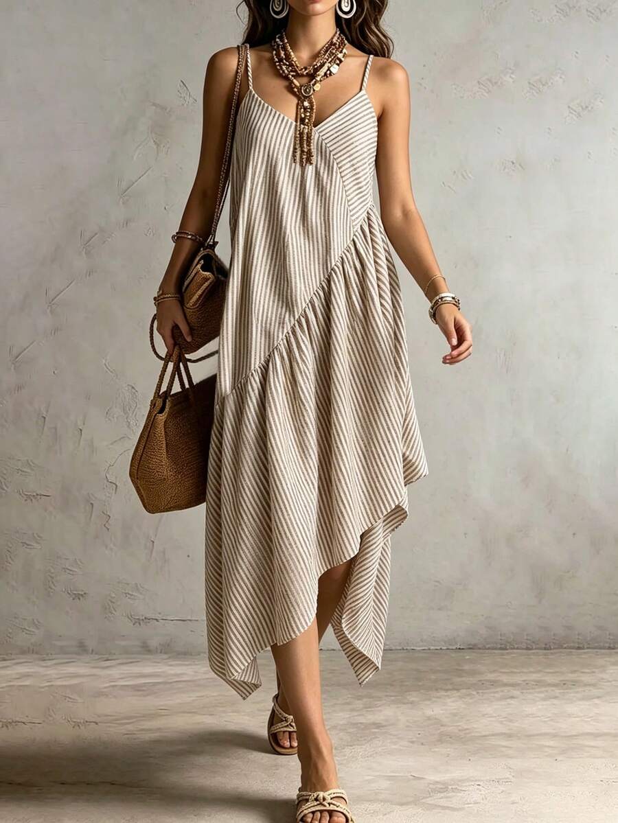 SHEIN Fiorisel Women's White Summer Boho Beach Vacation Holiday,Regular Spaghetti Strap Tube Top Dress,Bubble Striped Asymmetric Hem Mid-Length Ruched A-Line Dress