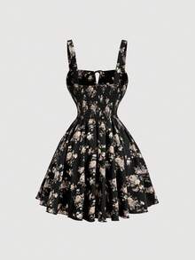 SHEIN MOD 女款花卉印花前綁帶優雅細肩帶迷你洋裝 - 黑色 - 查看 6