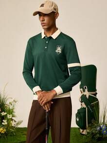 Tonviero 男士拼色翻领长袖运动衫，秋季 - 彩色 - 查看 4