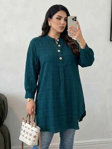 Solavon Plus Size Striped Texture Loose Long Shirt - Green - View 7
