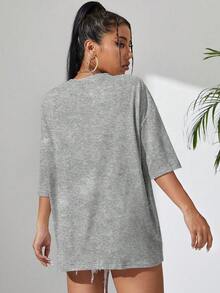 Sundraya Loose-Fitting, Drop-Shoulder, Solid Color T-Shirt - Light Gray 2 - View 2
