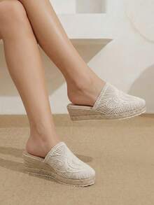 Styleloop Giày đế xuồng nữ bằng dây gai dầu và rơm màu be, kiểu dáng hở gót, thích hợp cho đi chơi, du lịch, hẹn hò hàng ngày, đi biển, du lịch biển, phong cách thường ngày. - Màu be - Xem 1