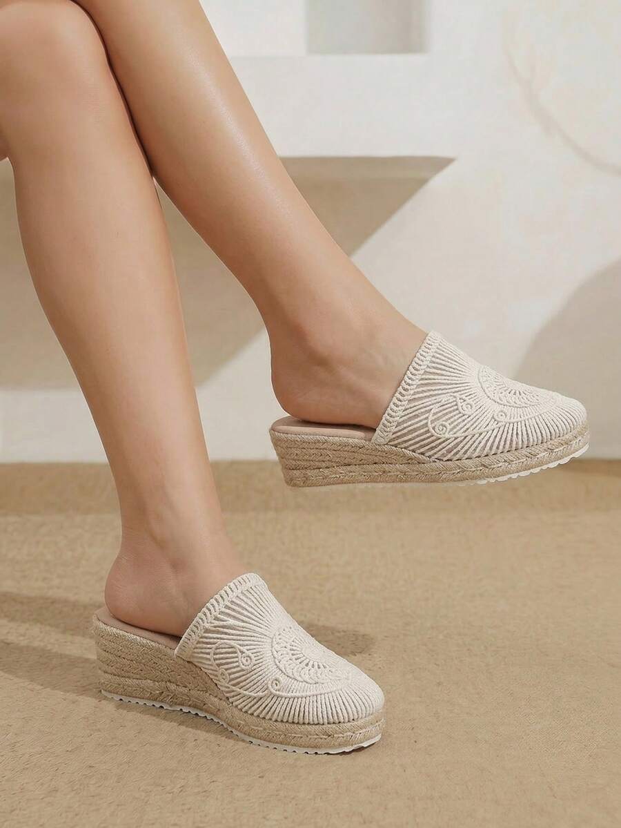 Styleloop Giày đế xuồng nữ bằng dây gai dầu và rơm màu be, kiểu dáng hở gót, thích hợp cho đi chơi, du lịch, hẹn hò hàng ngày, đi biển, du lịch biển, phong cách thường ngày. - Màu be - Xem 1