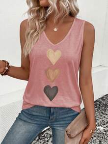 EMERY ROSE Nuevo top de tirantes casual y versátil con cuello en V y estampado de corazón degradado para mujer, primavera/verano - Rosa Pálido - Ver 5