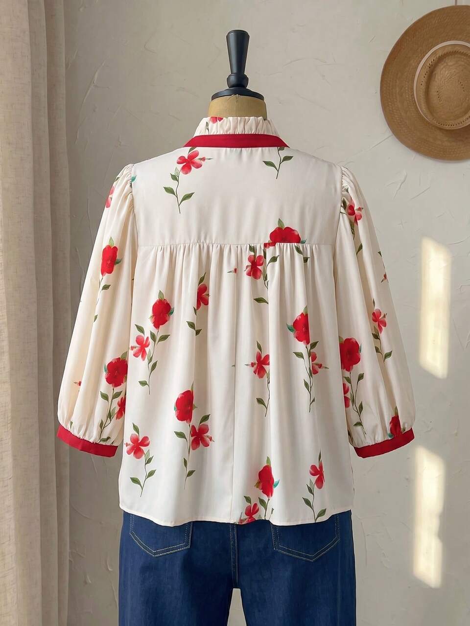 Plus Size Women Floral Pattern V-Neck 3/4 Sleeve Casual Elegant Shirt Vacation Wedding Guest Beige Autumn