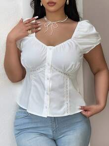 Vibekara Plus Size Solid Rhinestone Collar Short Sleeve Button Front Hollow-Out Splice Blouse Women Shirt - White - View 1