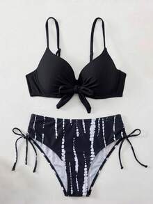 2件組 Swim Lushoire 成熟時尚性感泳裝套裝，純色綁帶泳裝上衣搭配植物印花短褲，夏季海灘度假 - 黑色 - 查看 5