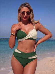SHEIN Swim 性感女士撞色扭结前襟吊带比基尼套装高腰泳衣面料女士两件套泳装度假比基尼套装 - 彩色 - 查看 4