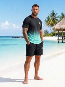 ResortEase Plus Size Men's Casual Palm Tree Ombre Print Short Sleeve T-Shirt And Shorts Set, Holiday - Multicolor - View 3