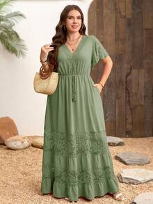 SHEIN Clasi Gaun Gaya Bohemian Leher V dengan Patchwork Renda Elegan Ukuran Plus - Mint Green - View 6