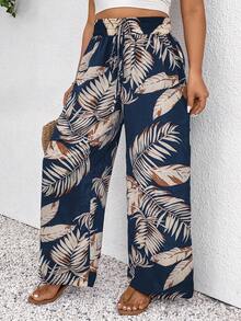 SHEIN Frenchy Plus Size Women's Printed Drawstring Waist Wide Leg Pants - Multicolor - View 3