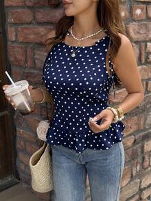 Elyressa Elegant Tropical And Stylish Summer Vest For Women With Woven Prints Beach Vacation Navy Blue Polka Dot - Royal Blue - View 6
