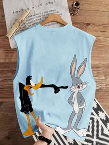 LOONEY TUNES X SHEIN Manfinity Joysei 標準尺寸男士極簡印花無袖背心上衣 - 淺藍色 - 查看 2