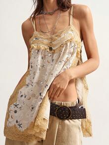 Bohemela Boho Vacation Casual Woven Fitted Camisole Top For Women White And Blue Floral Summer - Apricot - View 6