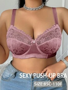 DesireSculpt 1pc Plus Size Lace Patchwork Underwire Bra - Coffee Brown - View 5