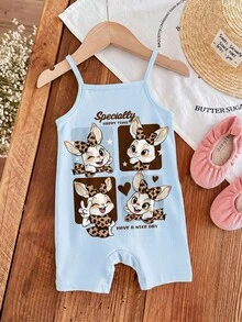 [RANDOM 4 PCS SEND 1 PC] Baby Girls Pink Summer Cute Family Matching Retro Leopard Bow Cartoon Rabbit Graphic Suspender Romper,Korean Style Outfit - Multicolor - View 6