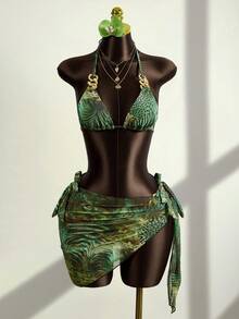 Zestiva Women's Summer Vacation Casual Beach Outfit, Zebra & Leopard Print Pattern 3-Piece Bikini Set With Halter Neck Tie And Skirt, Holiday Swimwear - Multicolor - View 3