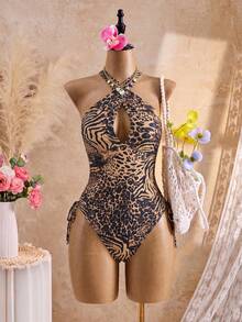 Swim SXY Áo tắm liền thân cỡ lớn dành cho nữ, họa tiết da báo thanh lịch, thiết kế dây chéo gợi cảm, dây rút điều chỉnh bên hông, thích hợp cho tiệc bể bơi và kỳ nghỉ. - Nhiều màu - Xem 7