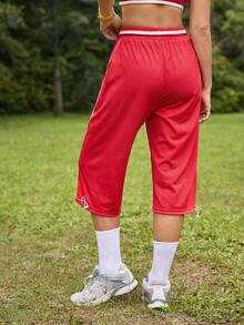 SHEIN Sports 女士撞色抽绳直筒宽松休闲夏季短裤 - 紅色 - 查看 2