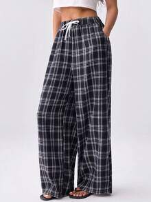 Loungeista Women's Plaid High Waist Drawstring Wide Leg Pants, Loose Fit, Suitable For Outdoor Wear, Spring/Summer/Autumn - Black and White - View 4