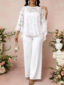 SHEIN Lady Women's Solid Color Lace Patchwork Round Neck Long Sleeve Top And Pants 2-Piece Set Holiday Outfits For Women Elegant Women's Set - White - View 7