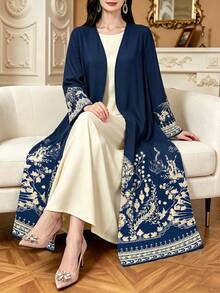 SHEIN Najma Vintage Blumen- & Fächer-Geometrie-Muster eleganter Abaya-Mantel, Frühling Herbst Langarm Strickjacke Oberbekleidung, Blumen-Marineblau-Mantel, arabischer Stil Bekleidung - Verschiedenfarbig - Übersicht 1