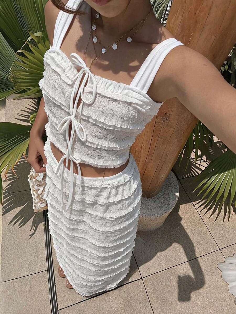 Livesso Conjunto de 2 piezas para mujer con top sin mangas tipo camisola y falda larga texturizada, blanco, estilo boho, para verano, playa tropical, vacaciones y lounge - Blanco - Ver 1