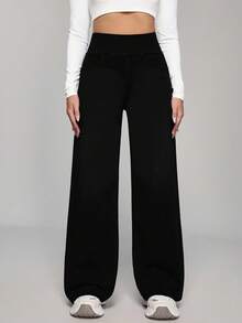 SHEIN PETITE Quần jean denim nữ cạp cao, ống rộng, có túi, dáng rộng, thoải mái - màu đen - Xem 5