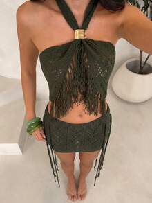 SHEIN Glamour 女士针织欧美风度假流苏性感迷你裙 - 軍綠色 - 查看 2