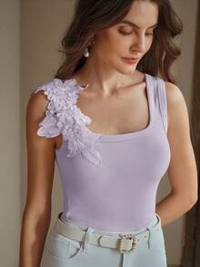 Anewsta Fashionable Fitted Embroidered Seamless Ribbed Solid Color Tank Top, Summer - Purple - View 6