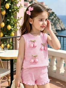 SHEIN Elladie kids Young Girls Pink Jacquard Knit Sleeveless Top And Shorts Set, Casual Minimalist Daily Outfit For Summer - Pink - View 5