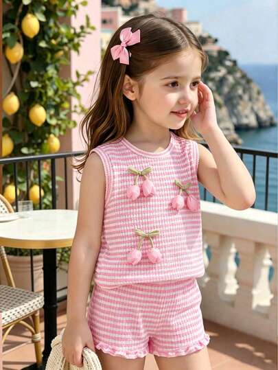 SHEIN Elladie kids 少女粉色提花針織無袖上衣與短褲套裝，休閒極簡日常夏季穿搭