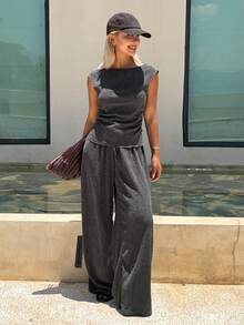 Livesso Conjunto de 2 piezas de top ajustado con pliegues de unicolor y pantalones de pierna ancha para mujer, estilo casual de vacaciones, primavera/verano/otoño - Gris - Ver 1