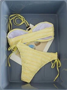 Swim Mod 女款紋理面料串珠海星裝飾掛脖綁帶比基尼兩件式泳衣，甜美優雅女士海灘派對節日鄉村音樂會度假風 - 黃色 - 查看 3