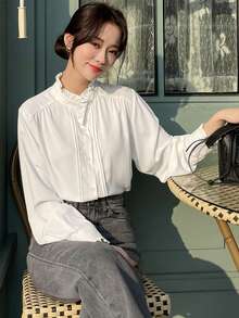 DAZY Frilled Neck Flounce Sleeve Blouse,Long Sleeve Tops,Fall Clothes - White - View 2