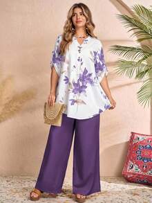 Rusticease Plus Size Women's Casual Vacation Floral Print Notch Neck Roll Tab Sleeve Loose Top And Wide Leg Pants 2 Piece Set, Spring/Summer - Purple - View 3