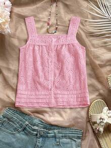 Rusticease Plus Size Women's Spring/Summer Casual Vacation Lace Patchwork Spaghetti Strap Open Back Embroidered Pink  Blouse - Pink - View 8