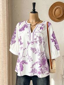 Rusticease Lässige Sommerbluse für Damen in großen Größen mit lila Blumenmuster und kurzen Ärmeln im Landhausstil. Ideal für Urlaub, Freizeit und Freizeit. Auch als Tunika oder Oberteil mit Blumenmuster erhältlich. - Violett - Übersicht 4