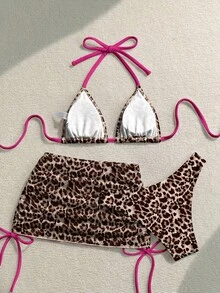 Conjunto de bikini con estampado floral, top con lazo en el cuello y falda pareo, estilo vacacional de playa para mujer - Multicolor 21 - Ver 2