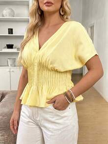 SHEIN LUNE Plus Size Women's Light Yellow V-Neck Blouse, Summer Vacation Elegant - Yellow - View 6