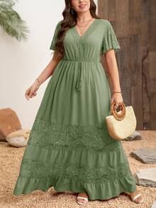 SHEIN Clasi Gaun Gaya Bohemian Leher V dengan Patchwork Renda Elegan Ukuran Plus - Mint Green - View 7