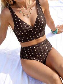 Sylviya Bộ đồ bơi 2 mảnh nữ mùa hè dây điều chỉnh được, áo tank top và quần bikini cạp cao họa tiết chấm bi cho kỳ nghỉ bãi biển - màu nâu - Xem 1
