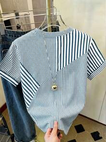 INAWLY Camiseta de mujer de ajuste regular, con estampado de rayas, tonos de color de verano, parte superior casual y versátil para exteriores, diseño elegante, adecuada para salidas de verano, uso diario, exteriores, compras, viajes - Multicolor - Ver 2