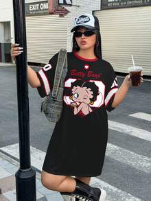 Betty Boop x SHEIN Plus Size Cartoon Print Short Sleeve Dress - White - View 4