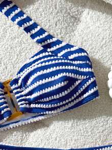 Swim Mod Women's Cute Vacation Pink Striped Halter Swimwear Set - Blue - View 5