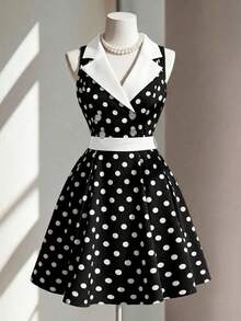 Fine & Folde Sleeveless Waist Splicing Polka Dot A-Line Elegant Romantic Sophisticated Ladies Dress - Black and White - View 4