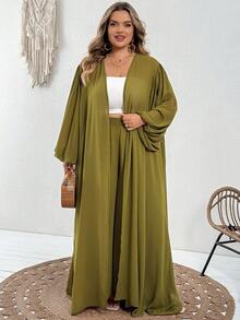 SHEIN CURVE+ Bộ đồ thường ngày cho nữ size lớn gồm áo quây camisole màu trơn, áo choàng màu trơn và quần ống rộng cạp chun - màu xanh lá - Xem 5