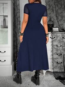 Whyspr Dark-Colored High Slit Sexy Long Flare Sleeve Dress - Navy Blue - View 2
