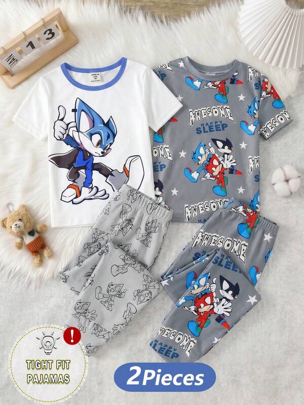 Young BoyStylish Blue Fox Cartoon Print White Round Neck Short Sleeve Top Paired With Heather Gray Leggings, Soft Knit 2 Pieces Loungewear Set